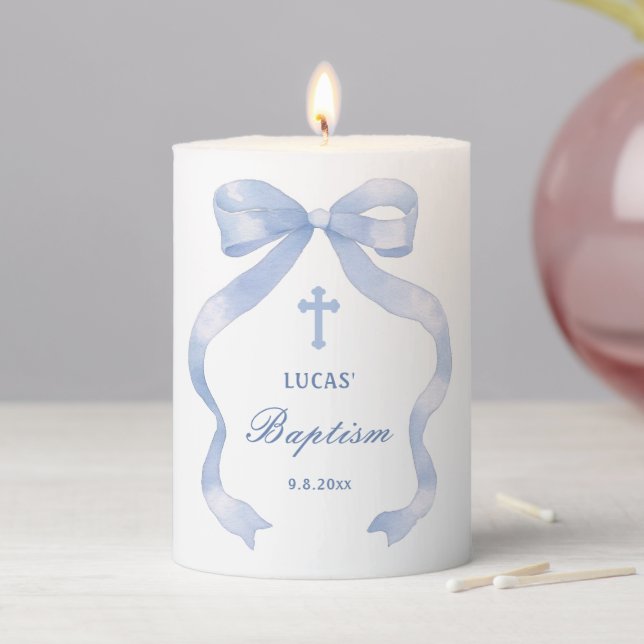 Elegant Blue Bow Baptism Pillar Candle (In Situ)