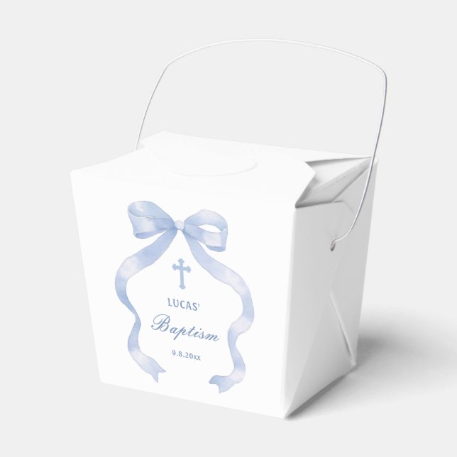 Elegant Blue Bow Baptism Take Out Favor Boxes (Front Side)