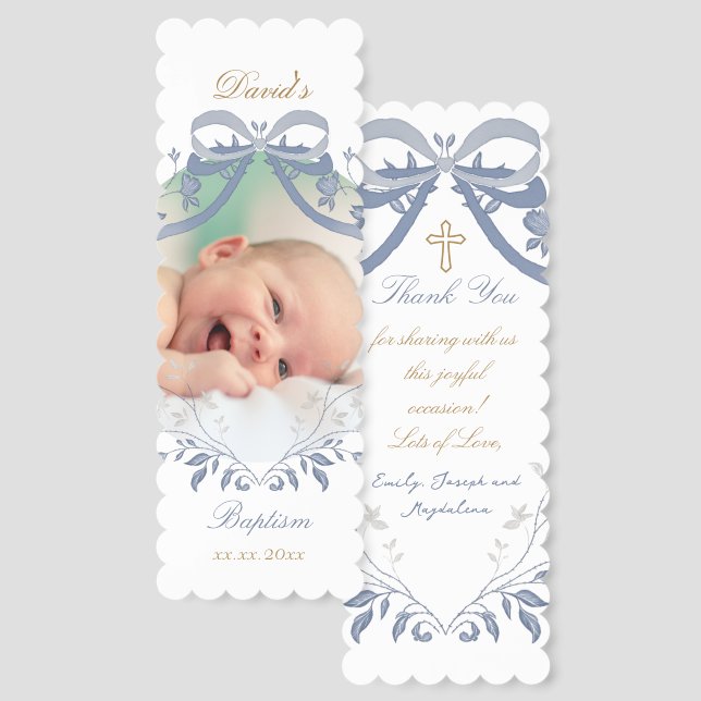 elegant blue bow Baptism thank you  Bookmarks (Front & Back)