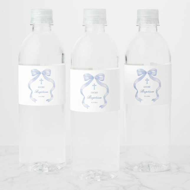 Elegant Blue Bow Baptism Water Bottle Label (Bottles)