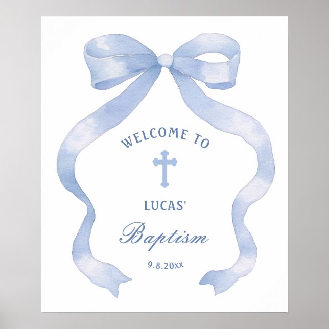 Elegant Blue Bow Baptism Welcome Poster (Front)