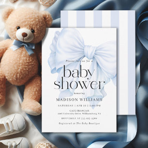 Elegant Blue Bow Boy Baby Shower Invitation