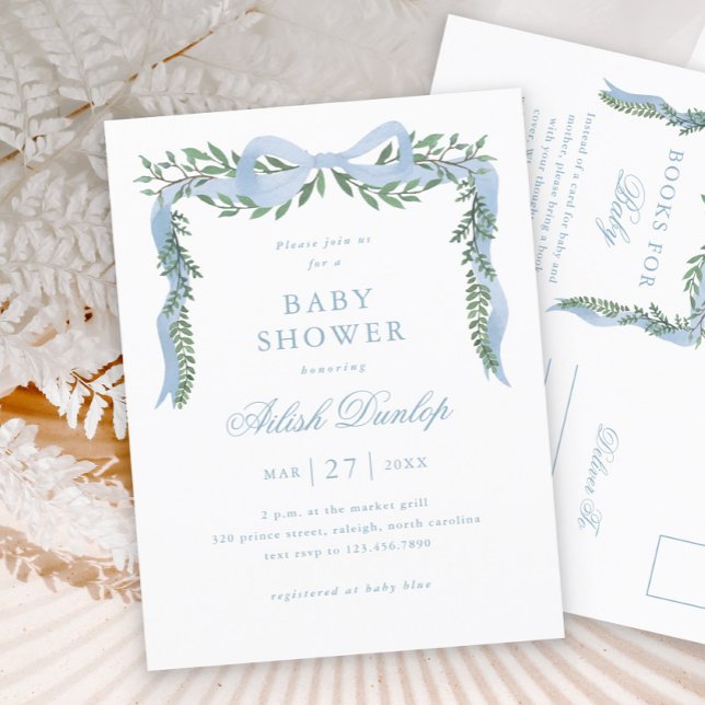 Elegant Blue Bow Boy Baby Shower Invitation Postcard (Elegant Blue Bow Greenery Boy Baby Shower Invitation Postcard.)