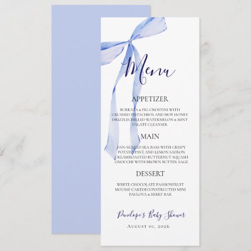 Elegant Blue Bow Boy Baby Shower Menu Card
