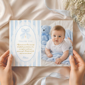 Elegant Blue Bow Boy Baptism Photo Flat Thank You Card