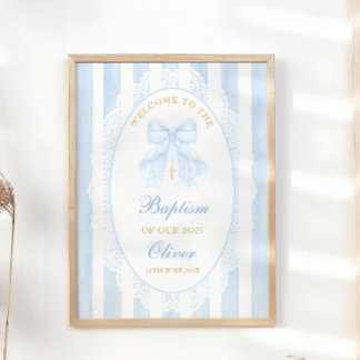 Elegant Blue Bow Boy Baptism Welcome Poster