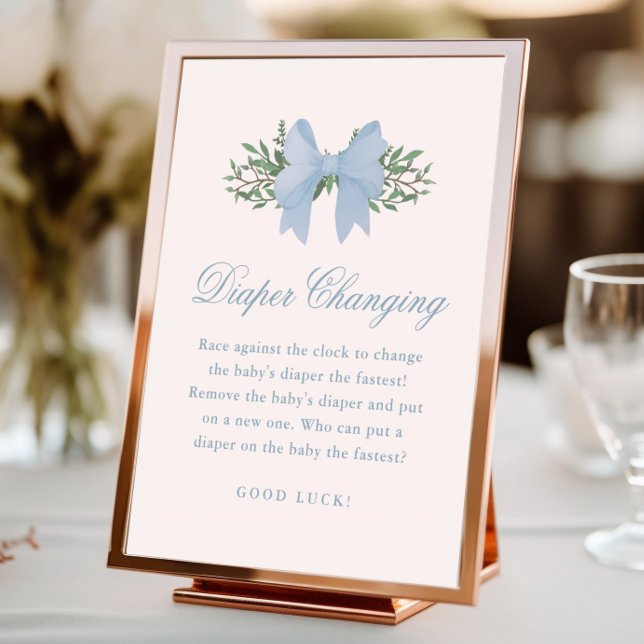Elegant Blue Bow Boys Baby Shower Diaper Changing  Photo Print (Elegant blue bow diaper changing baby shower game sign.)