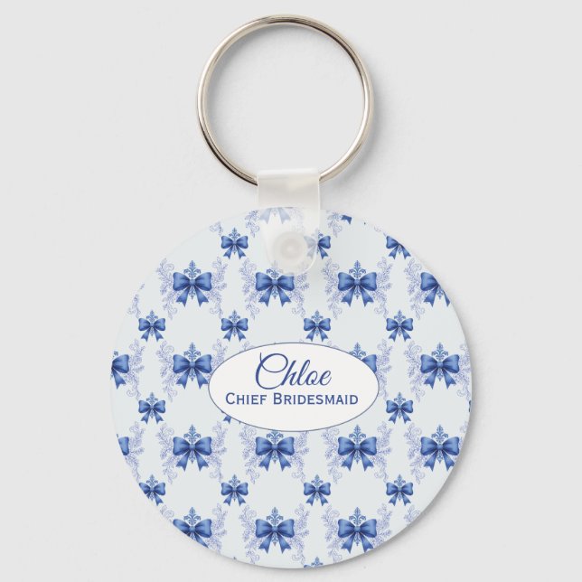 Elegant Blue Bow Bridal Shower Keychain (Front)
