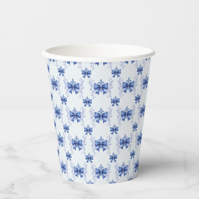 Elegant Blue Bow Bridal Shower Paper Cups (Front)