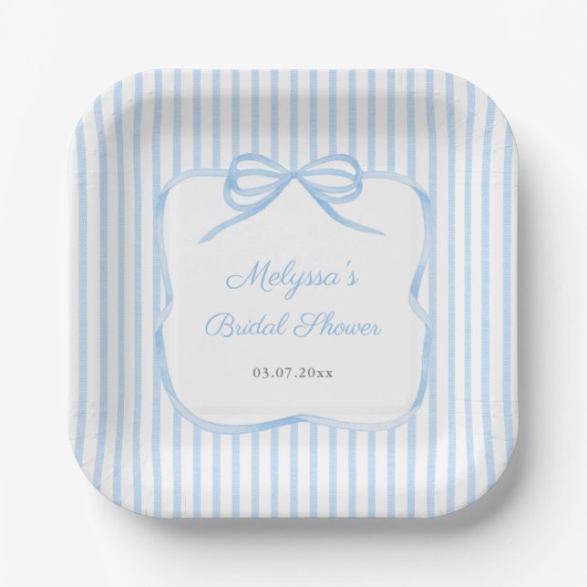 Elegant Blue Bow Bridal Shower Party Paper Plates (Front)