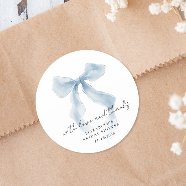 Elegant Blue Bow Bridal Shower Thank You Classic Round Sticker (Elegant Blue Bow Bridal Shower Thank You Classic Round Sticker)