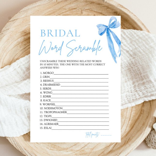 Elegant Blue Bow Bridal Word Scramble Game Invitation (Modern Elegant Watercolor Dusty Blue Bow Bridal Word Scramble Game)