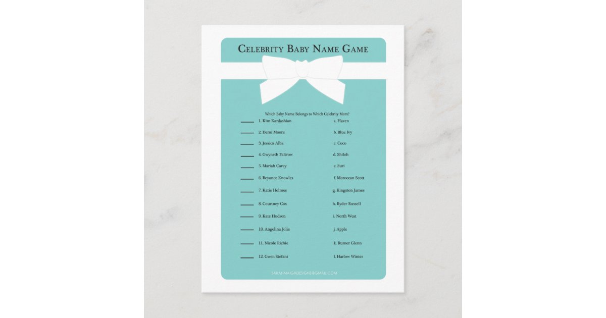 Elegant Blue Bow Celebrity Baby Name Shower Game Invitation Postcard Zazzle Com