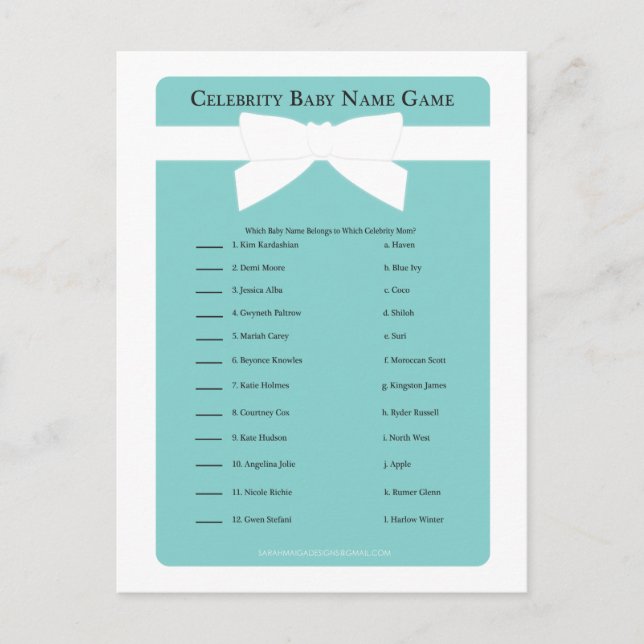 Elegant Blue Bow Celebrity Baby Name Shower Game Invitation Postcard (Front)
