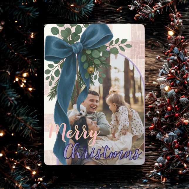 Elegant Blue Bow Christmas Two Photo Holiday Card (Creator Uploaded)