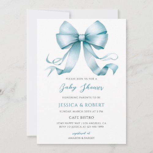 Elegant Blue Bow Coquette Baby Shower Invitation
