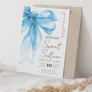 Elegant Blue Bow Coquette Script Sweet 16 Party Invitation