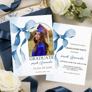 Elegant Blue Bow Custom Photo Graduation Party Invitation