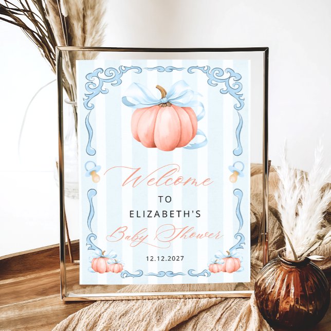 Elegant Blue Bow Cute Pumpkin Baby Shower  Poster (Creator Uploaded)