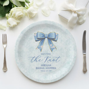 Elegant Blue Bow Engagement Party Invitation Paper Plates