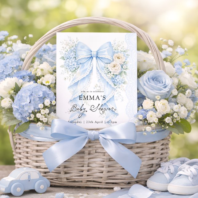 Elegant Blue Bow Floral Baby Shower Invitation (Creator Uploaded)