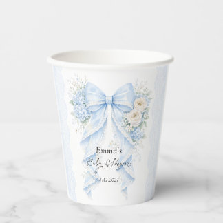 Elegant Blue Bow Floral Baby Shower Paper Cups
