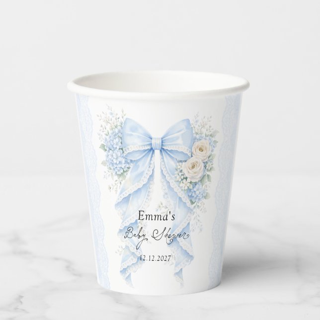 Elegant Blue Bow Floral Baby Shower Paper Cups (Front)