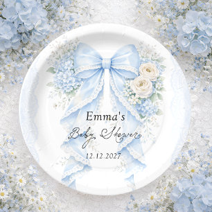 Elegant Blue Bow Floral Boy Baby Shower Paper Plates