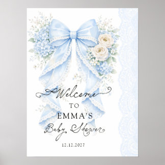 Elegant Blue Bow Floral Boy Baby Shower Welcome Poster