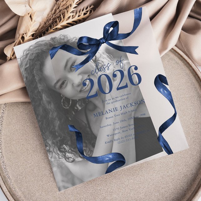 Elegant Blue Bow Graduation Party Vellum Invitations (Creator Uploaded)