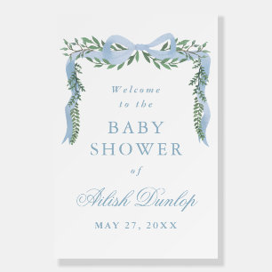 Elegant Blue Bow Greenery Boy Baby Shower Welcome Foam Board