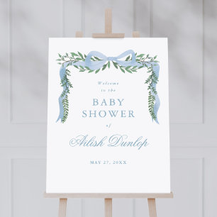 Elegant Blue Bow Greenery Boy Baby Shower Welcome Foam Board