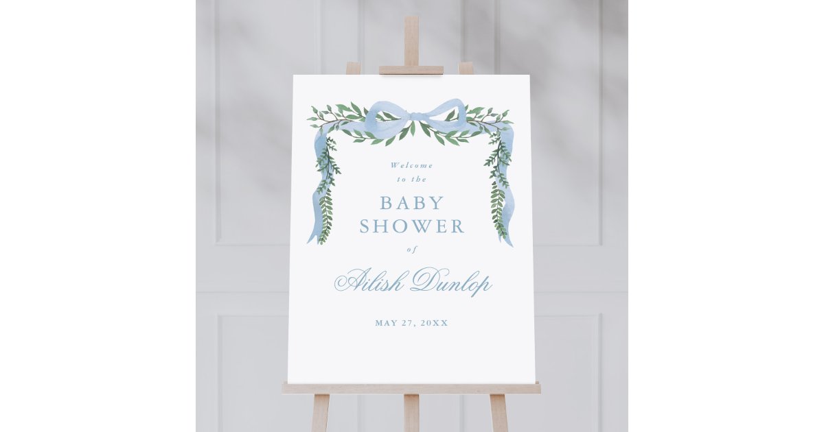 Elegant Blue Bow Greenery Boy Baby Shower Welcome Foam Board | Zazzle