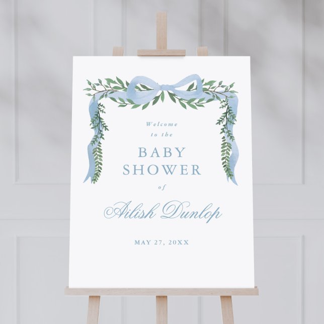 Elegant Blue Bow Greenery Boy Baby Shower Welcome Foam Board (Elegant hand painted blue bow with greenery  boy baby shower welcome sign.)