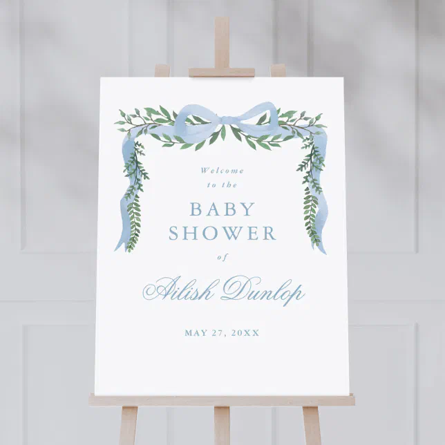 Elegant Blue Bow Greenery Boy Baby Shower Welcome Foam Board | Zazzle