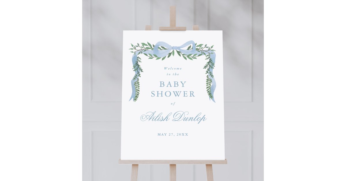 Elegant Blue Bow Greenery Boy Baby Shower Welcome Poster | Zazzle
