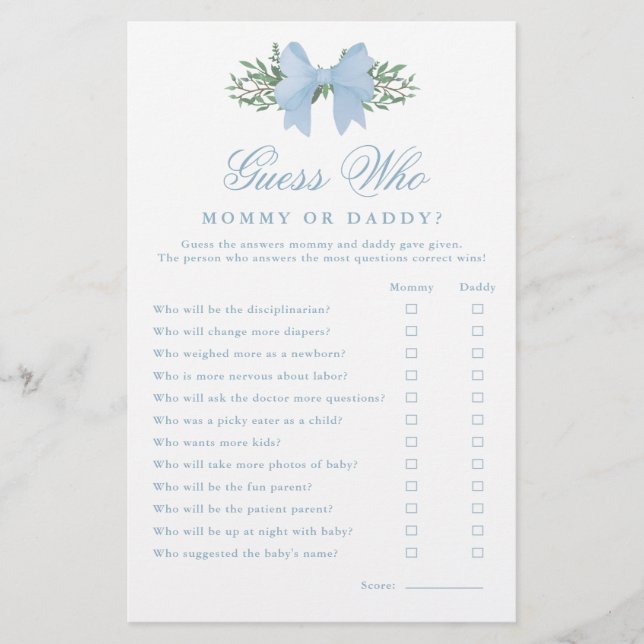Elegant Blue Bow Guess Who Baby Shower Game (Front)