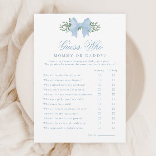 Elegant Blue Bow Guess Who Baby Shower Game Invitation