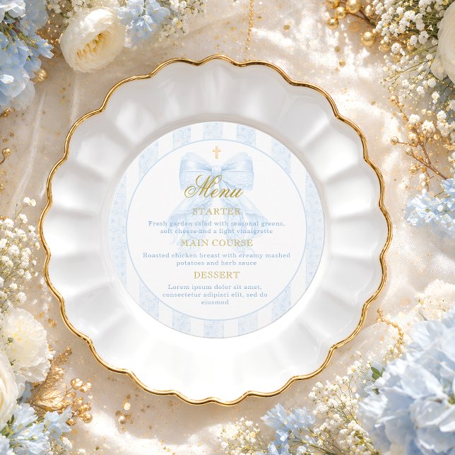 Elegant Blue Bow Lace Boy Baptism Menu (Creator Uploaded)