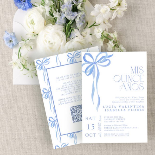 Elegant Blue Bow Mis Quince Años QR Quinceañera  Invitation (Creator Uploaded)