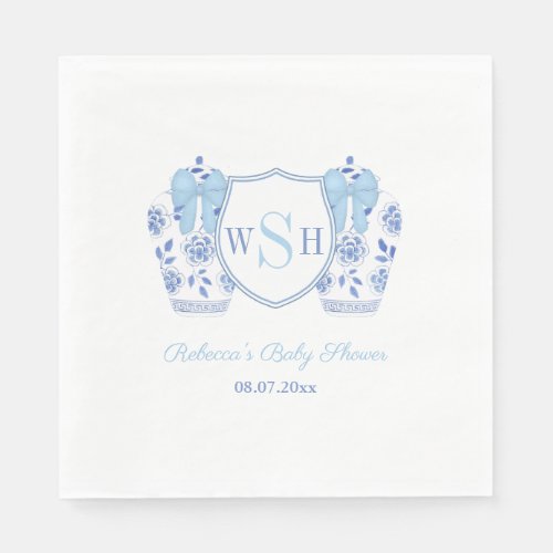 Elegant Blue Bow Monogram Boy Baby Shower Party Napkins