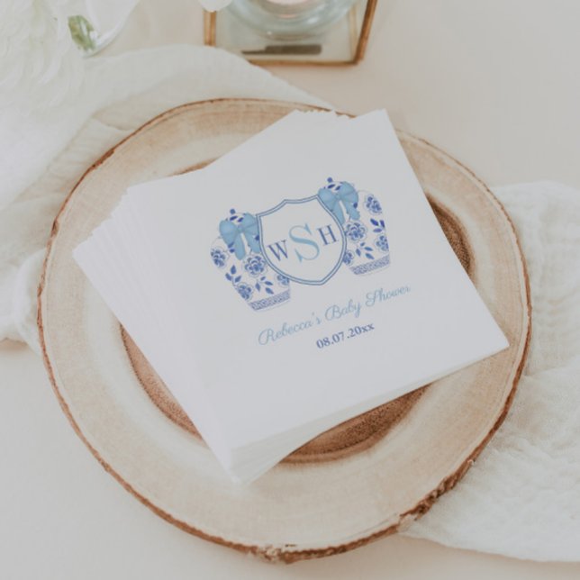 Elegant Blue Bow Monogram Boy Baby Shower Party Napkins (Elegant ginger jar monogram crest napkins for a baby boy shower)