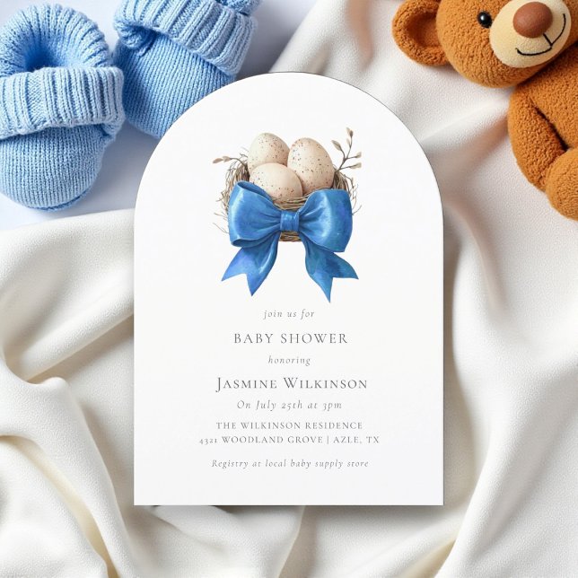 Elegant Blue Bow Nest Baby Shower Invitation (Creator Uploaded)