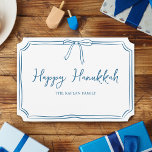 Elegant Blue Bow Personalized Happy Hanukkah Card<br><div class="desc">Celebrate Hanukkah with elegance and charm using this customizable Hanukkah greeting card. Featuring a delicate blue wavy border and a sweet bow detail, this card brings a touch of warmth and sophistication to your holiday wishes. Personalize it with your family name to make it truly special. Perfect for sending heartfelt...</div>