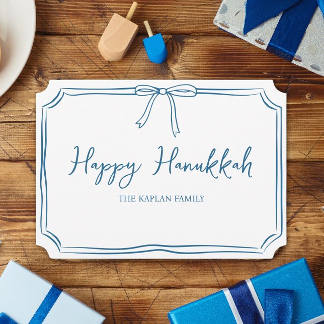 Elegant Blue Bow Personalized Happy Hanukkah Card (Classic blue and white design captures the spirit of Hanukkah in a chic, refined style.)