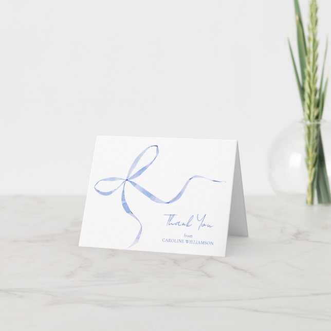 Elegant Blue Bow Personalized Name Folded Letterpress Thank You Card (Front)