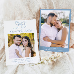Elegant Blue Bow Photo Wedding Save the Date