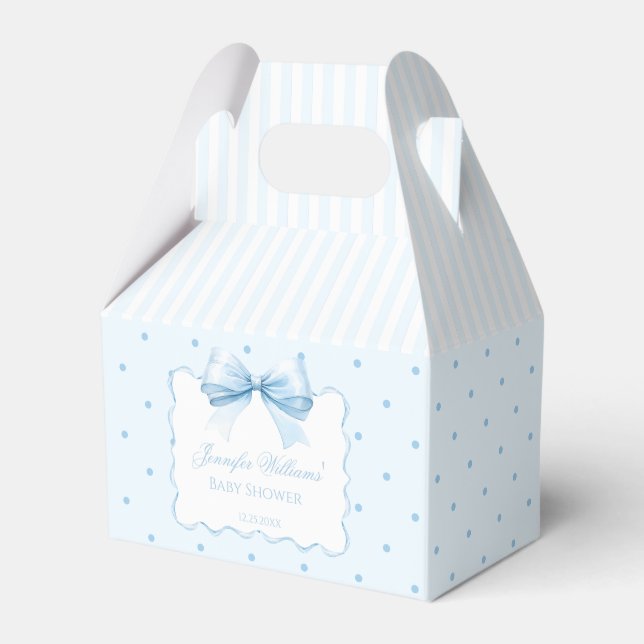 Elegant blue bow polkadot baby boy shower favor boxes (Front Side)