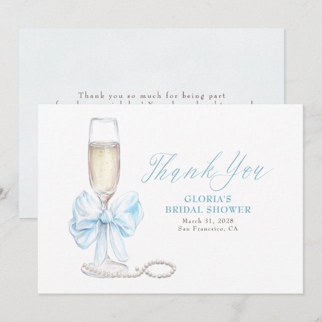 Elegant Blue Bow Prosecco Bridal Shower Thank You (Front/Back)