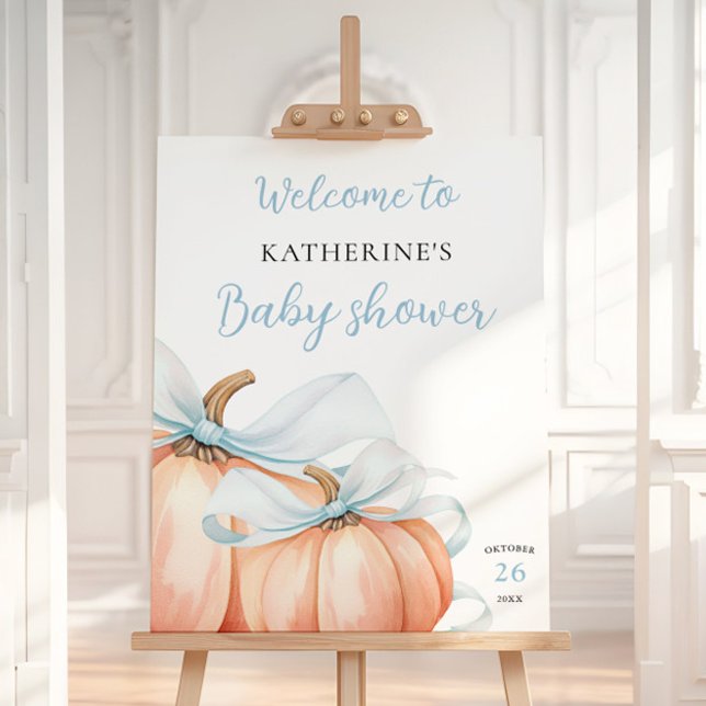 Elegant Blue Bow Pumpkin Baby Shower Welcome Sign (Creator Uploaded)